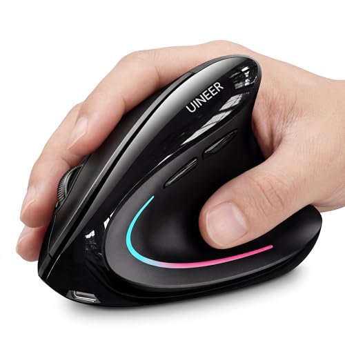 Uineer Wireless Ergonomic Mouse, Wireless Bluetooth Rechargeable Vertical Mouse, 7 Color LED, 4 DPI Adjustable, USB-A Receiver, Wrist Strain Relief,Optical Mice for Computer/PC/Laptop, Black (Black) - color: Black