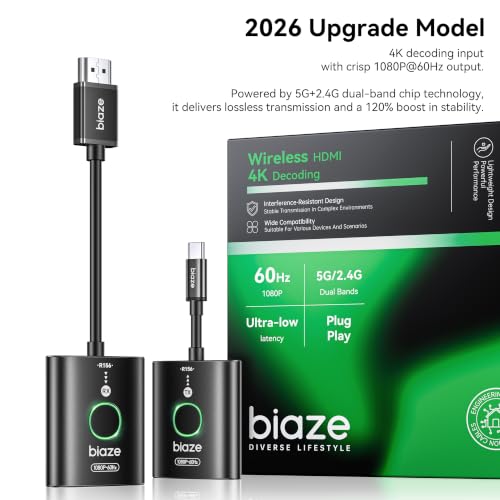USB C Wireless HDMI Transmitter and Receiver（2026 Upgrade Model），Wirelessly cast Your Phone or Laptop Screen to a Display，Plug and Play, no downloads or Complex Setup Required
