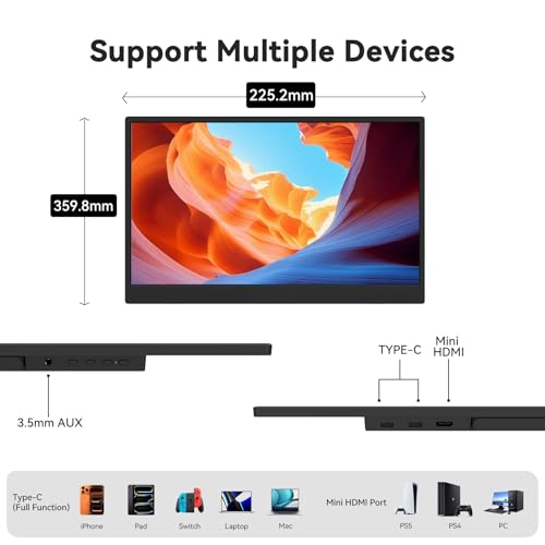JUSTTHINK 15.6" Portable Monitor, FHD IPS Gaming Monitor 2.5K 165Hz | Travel Monitor with Stand, Plug & Play USB-C/HDMI External Second Screen Travel Monitors for Laptop, PS5, Xbox, Switch - size: 15.6"