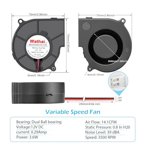 Wathai 7530 DC 12V Centrifugal Blower Cooling Fan 12 Volt 2Pin Dual Ball | DC Centrifugal Fan 2pin for Amplifier RV Fridge Computer Case Ventilation or Project Replacement Part kit - style: 12V 2Pin Ball