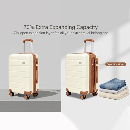 3-Piece Luggage Set with Carry On Luggage Set 22x14x9 Airline Approved, ABS Hardside Suitcase with 8 Spinner Wheels & TSA Lock, Expandable Suitcase for Men & Women (20/TB/DB Beige) - color: Beige, size: (20/DB/TB)-Expandable