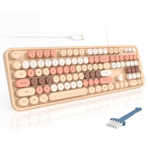 MOFII Wired Keyboard - Full Size USB Plug & Play, Colorful Retro Round Typewriter Keyboard with Foldable Stands for Windows PC Laptop (Milk Tea Colorful) - color: Milk Tea Colorful