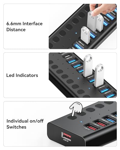 Powered USB Hub, AGEEN 16-Port USB 3.2 Hub (14 USB-A+2 USB-C), 10Gbps | 11*USB-A 3.0, 3*QC 24W Fast Charging, 2*USB-C 3.0, Plug & Play, Aluminum, 96W Power Adapter for PC, Laptop, HDD, Flash Drive