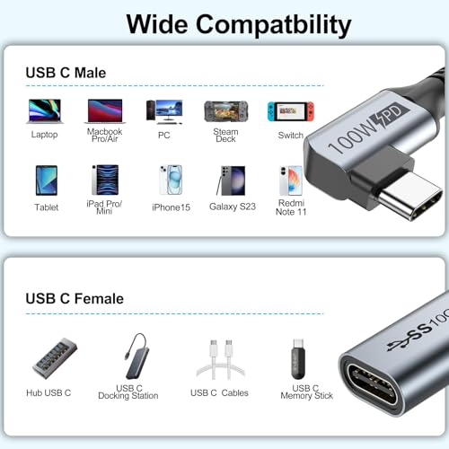 USB C Extension Cable, USBC Right Angle Extender Cord 6 FT USB 3.1(10Gbps) Male to Female 100W Fast Charging Cable Compatible for MacBook Pro/Air, Switch, Laptop, Tablet and Mobile Phone - size: 6.6FT
