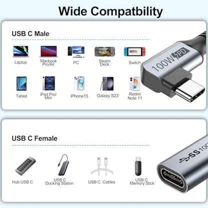 USB C Extension Cable, USBC Right Angle Extender Cord 6 FT USB 3.1(10Gbps) Male to Female 100W Fast Charging Cable Compatible for MacBook Pro/Air, Switch, Laptop, Tablet and Mobile Phone - size: 6.6FT