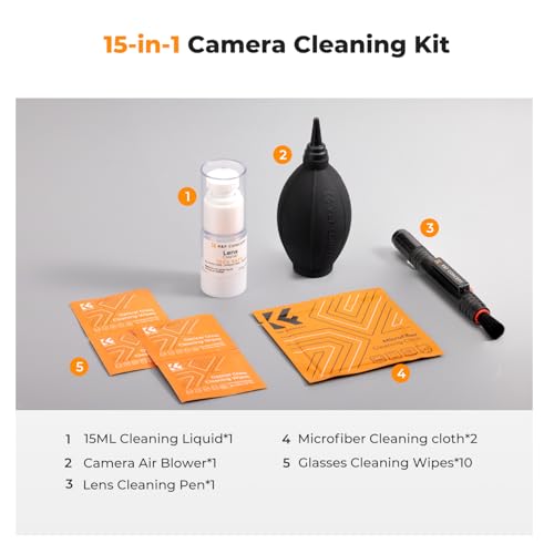 K&F CONCEPT 15-in-1 Camera Lens Cleaning Kit with Camera Blower, Glasses Wipes*10, Cleaning Liquid, Microfiber Cleaning Cloth*2, Lens Cleaning Pen for DSLR Camera Lens Filter Cell Phones