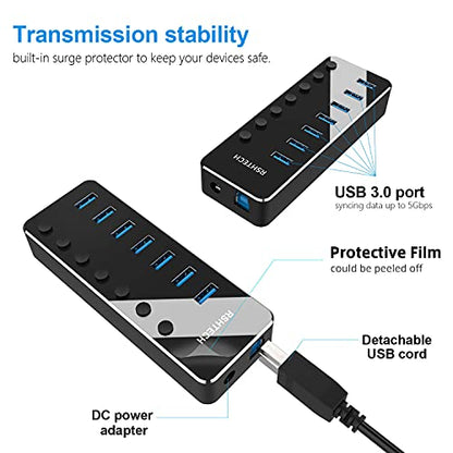 USB 3.0 Hub, RSHTECH 7 Port Powered USB Hub Expander Aluminum USB 3.0 Data Port hub with Universal 5V AC Adapter and Individual On/Off Switches USB Splitter for Laptop and PC(Black) (Pack of 2) - size: 518-2A (Pack of 2)