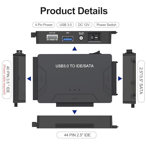 Hard Drive Reader USB 3.0 & Type C to SATA IDE Adapter, Internal Data Transfer Recovery Converter Kit with 12V/2A Power for 2.5"/3.5" SATA/IDE HDD SSD Hard Disk Internal Blu-ray Drive, up to 20TB