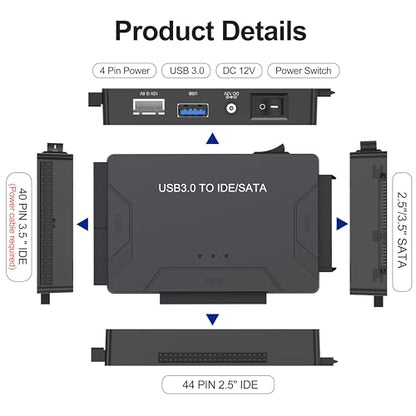 Hard Drive Reader USB 3.0 & Type C to SATA IDE Adapter, Internal Data Transfer Recovery Converter Kit with 12V/2A Power for 2.5"/3.5" SATA/IDE HDD SSD Hard Disk Internal Blu-ray Drive, up to 20TB