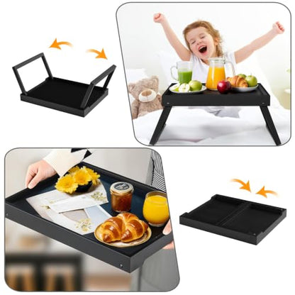 RRX Bamboo Bed Tray Table with Folding Legs, Breakfast Tray, 2 Pack (Black) | Bed Trays for Folding Table Eating, Kitchen Serving, Food, Sofa, Snacking or Working, Laptop Desk Dinner, Snack Tray - color: Black