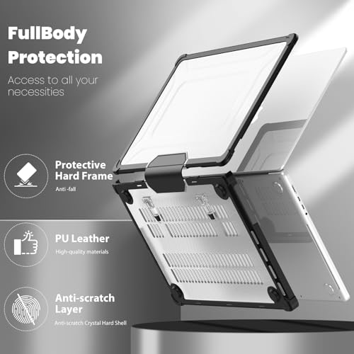 Batianda Heavy Duty Case for New MacBook Pro 16 inch 2026 M5 2024 M4 M3 M2 M1 Pro Max Chip - Starry Dot-Matrix Cover with PU Leather Spine & Foldable Stand - Full Protection Anti-Collision, Black - color: Black