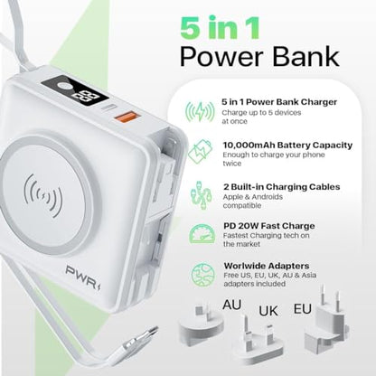 PWRMobile PWR Travel PRO 5-in-1 Power Bank – 10,000mAh with Built-in Cables – 20W USB-C + 15W Wireless Charging – Compact Portable Charger for iPhone & Android - White - color: White