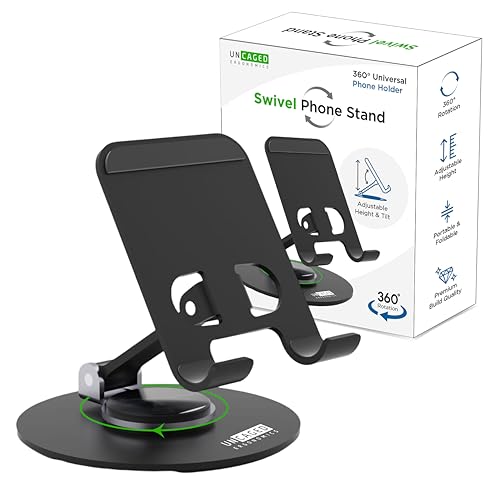 Uncaged Ergonomics 360° Swivel Rotating Adjustable Phone Stand for Desk, Portable & Foldable Cell Phone Stand for Desk, Compact Mobile Stand for Tabletop, Office, Kitchen & Bedroom (Black) - color: Black