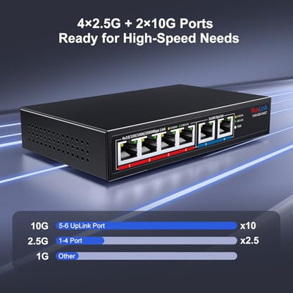 10Gb Ethernet Switch with 4 x 2.5GbE + 2 x 10GbE RJ45 Ports, VunLink 6 Port 10G/2.5G Multi-Gigabit Unmanaged Network Switch, Plug and Play, Fanless, Desktop/Wall-Mount, for Wireless AP, NAS, PC, Home