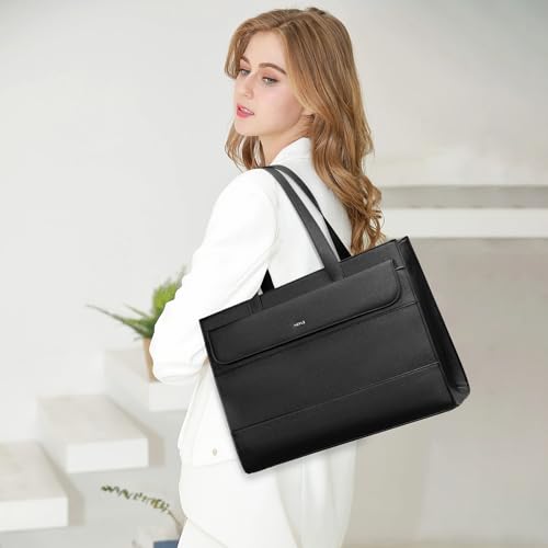 Keyli 3pcs Laptop Bag for Women 15.6 Inch Leather Work Tote Bags Professional Business Office Computer Shoulder Briefcase - color: Sets-black