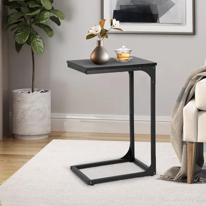 PayLessHere C Shaped End Table with Adjustable Feet,Small Side Table for Couch,Sofa Table with Metal Frame for Living Room,Bedroom,Bedside,Black - color: Black