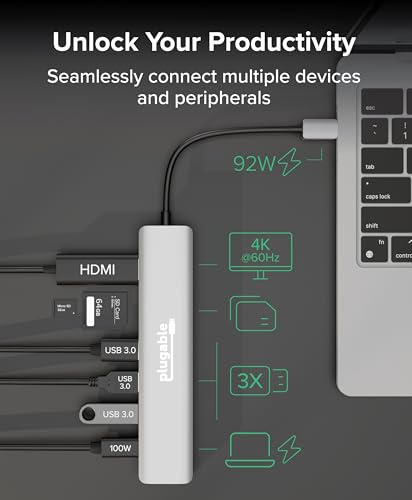 Plugable USB-C Hub 7-in-1 for Single HDMI Display, Driverless Hub, 4K HDMI, 3 USB 3.0, SD/microSD Reader, 100W Charging Compatible with Mac, Windows, Chrome, USB-C, USB4, and Thunderbolt