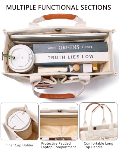 Canvas Tote Bag for Women,Women's Bags Crossbody Bags Work Laptop Tote Bag Large Handbags Purse for Travel Nurse Teacher - color: Beige With Compartments