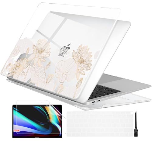 Batianda LumiArt Case for MacBook Air 13 inch 2018-2020, Gold Lotus | Fits Model A2337 M1/A2179/A1932, 4-in-1 Bundle with Golden Lotus Line Art, Slim Hard Shell for Elegant Minimal Style Users - color: Golden lotus