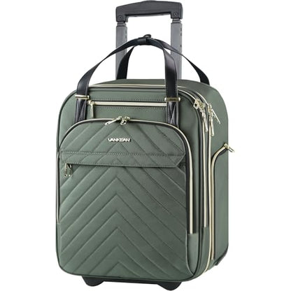 VANKEAN Carry On Underseat 16-inch Multi-functional Underseater Lightweight Overnight Suitcase with Wheels, Roller Case for Men Women Travel Business - color: Gold Army Green