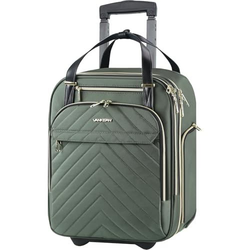 VANKEAN Carry On Underseat 16-inch Multi-functional Underseater Lightweight Overnight Suitcase with Wheels, Roller Case for Men Women Travel Business - color: Gold Army Green