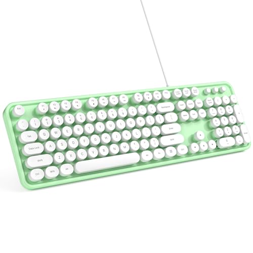 MOWUX Computer Keyboard Wired, Plug and Play USB Retro Round Typewriter Keyboard, Full Size Wired Keyboard with Foldable Stands for Laptop and Office PC- Green - color: Green