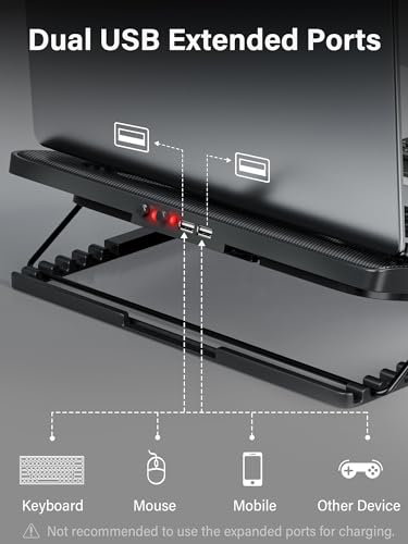 Kootek Laptop Cooling Pad Cooler Stand with 5 Quiet Fans for 12"-17" Laptop | 5 Fans, USB Powered, Laptop Cooling Stand with 2 USB Hub, 6 Adjustable Height, 360° Cooling Coverage, Anti-Slip, Red LED - color: Red
