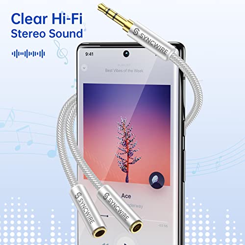 SYNCWIRE Headphone Splitter, Nylon-Braided 3.5mm Extension Cable Audio Stereo Y Splitter (Hi-Fi Sound), 3.5mm Male to 2 Ports 3.5mm Female Headset Splitter for Apple, Samsung & More (No Mic) - Silver - color: Silver