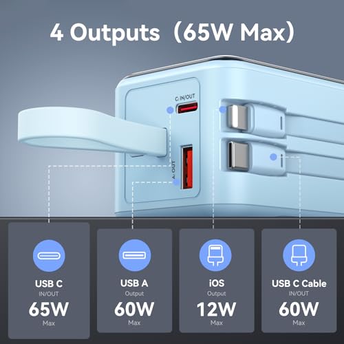 Fast Charging Power Bank 18400mAh 65W Portable Laptop Charger, LED Display, Travel Essential Battery Pack with Built-in USB-C & Lightning Cables for iPhone 16/15/14/13/12 MacBook Samsung - color: Blue