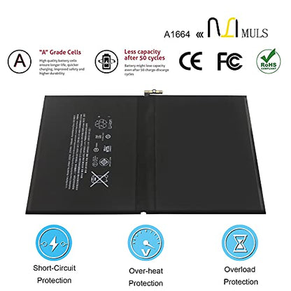 MULS A1664 Tablet Battery for iPad Pro 9.7'' (2016, Wi-Fi/Cellular) A1673 | A1674 A1675 020-00823 MLMW2LL/A MLN02LL/A MLMN2LL/A MLMV2LL/A MLMY2LL/A MLMQ2LL/A MLMX2LL/A MLN12LL/A MM172LL/A MM192LL/A - size: 8.86*6.50*1.18 in A1664
