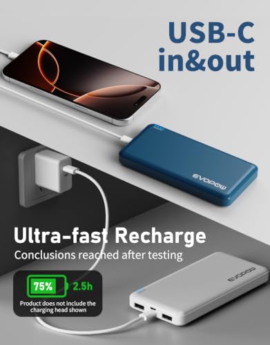 2-Pack Portable Charger, 10000mAh Power Bank, Battery Pack, Battery Bank | Slimmer, Fast Charging, USB C in&Out, for iPhone Tablet Samsung Pixel Headphones etc (Blue&White) - color: Blue&White