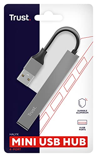 Trust Halyx 4 Port Mini USB Hub for PC Laptop Mac, Silver | Aluminium Lightweight Data Hub, Slim Portable USB 2.0 Splitter