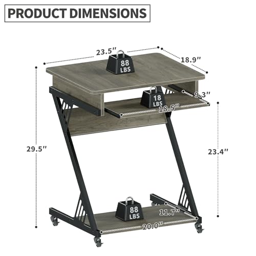 ALISENED Computer Desk for Small Spaces Compact Desk with Keyboard Tray | 23.6" Z-Shaped, with Wheels and Bottom Shelves, for Home Office, Computer Cart Mobile Laptop Cart, Grey - color: Grey