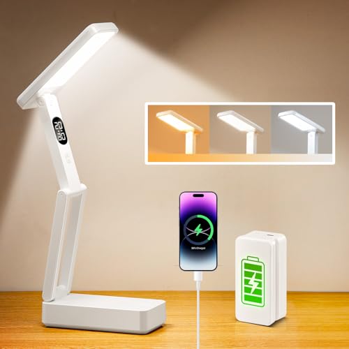 Small Desk Lamp,10000mAh Battery Operated Lamp,3 Colors+Dimmable Desk Light,LED Desk Lamp with USB Charging Port+Digital Clock+45min-Timer,Wireless & Portable Light,Desk Lamps for Home Office,Craft - color: 10000mAh