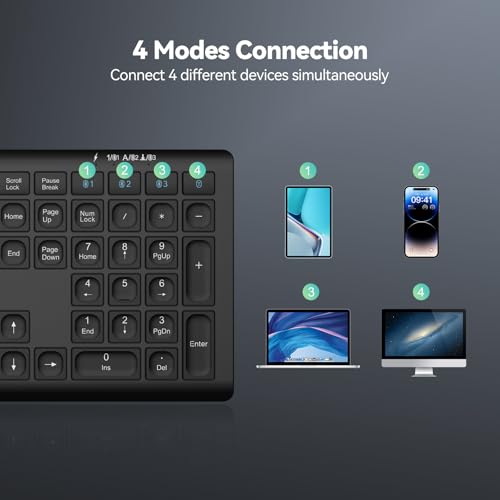 TECKNET Bluetooth Keyboard Rechargeable 4-Device (2.4G+BT) | Multi-device Free Switching, Ultra-Slim, Numeric Keypad, Quiet Full Size Wireless Keyboard for PC/Laptop/Smart TV/Phone - color: Black