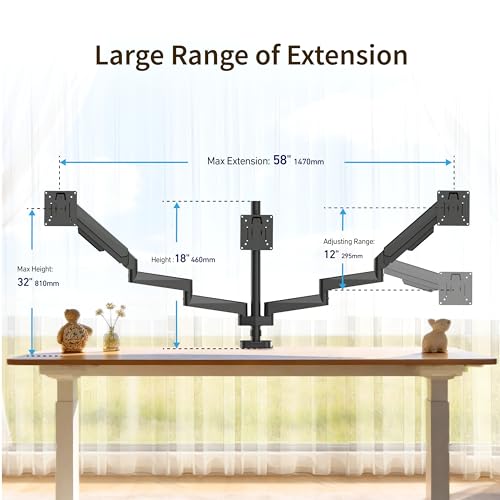 Ergounion Triple Monitor Mount for 13-32" Screens, with Long Monitor Arm | Wide 3-section arm, 19.8 lbs/arm, aluminum, full motion tilt/swivel/rotate, VESA 75/100 quick-release install, cable channels