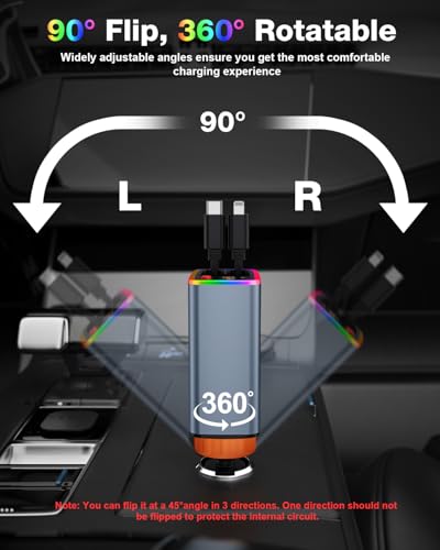 Retractable Car Charger with 𝑺𝒐𝒖𝒏𝒅-𝑨𝒄𝒕𝒊𝒗𝒂𝒕𝒆𝒅 𝑳𝒊𝒈𝒉𝒕, 120W USB C Car Charger Adapter Fast Charging, 4-in-1 Retractable Car Phone Charger for iPhone 16/15/14/13/12, Samsung