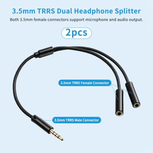 TRRS Headphone Splitter for 2 Headphones, 2PCS 3.5mm Audio Splitter | Nylon-Braided Extension Cable 1 in 2 out 3.5mm Trrs Splitters Male to Female Headset Splitters for Phone/Tablet/Laptop/PC/MP3