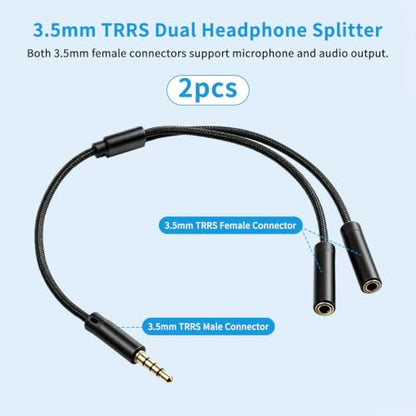 TRRS Headphone Splitter for 2 Headphones, 2PCS 3.5mm Audio Splitter | Nylon-Braided Extension Cable 1 in 2 out 3.5mm Trrs Splitters Male to Female Headset Splitters for Phone/Tablet/Laptop/PC/MP3