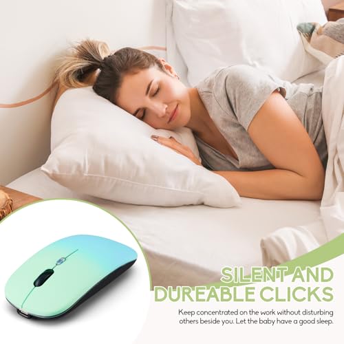 Wireless Bluetooth Mouse,LED Dual Mode Rechargeable Silent Slim Laptop Mouse,Portable(BT5.2+USB Receiver) Dual Mode Computer Mice,for Laptop,Desktop Computer,ipad Tablet,Phone,Mac(Greenish blue) - color: Gradient Greenish blue