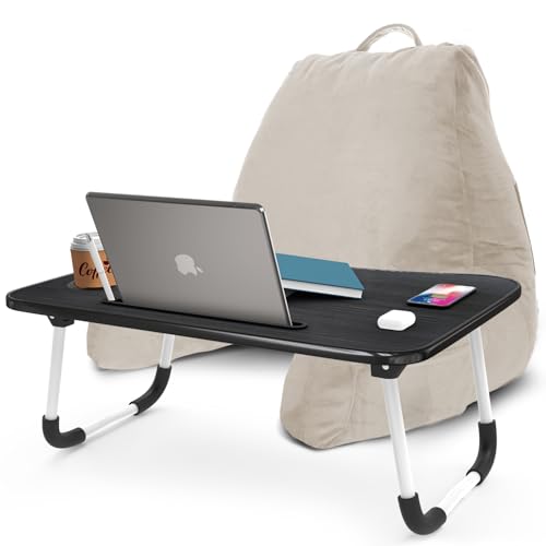 Nestl Reading Pillow with Portable Laptop Lap Desk - Shredded Memory Foam Back Support Pillow for Sitting Up in Bed and Couch Rest Pillows with Arms, Bed Tray Table with Foldable Legs, Linen - color: Linen, size: Standard