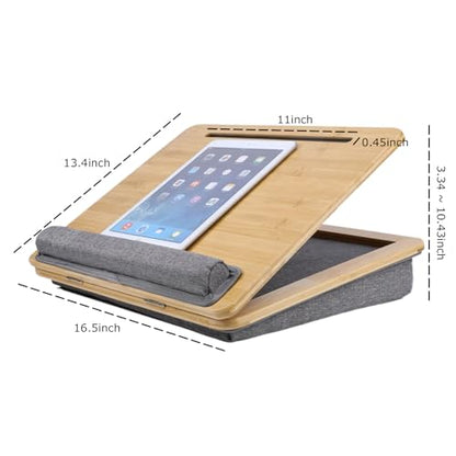 SUMISKY Adjustable Lap Desk-Portable Laptop Stand with Cushion, Bamboo Platform with Phone Holder, Wrist Pad Fits up to 15.6 Inch Laptops - size: M(16.5"x13.4" Height-Adjustable)
