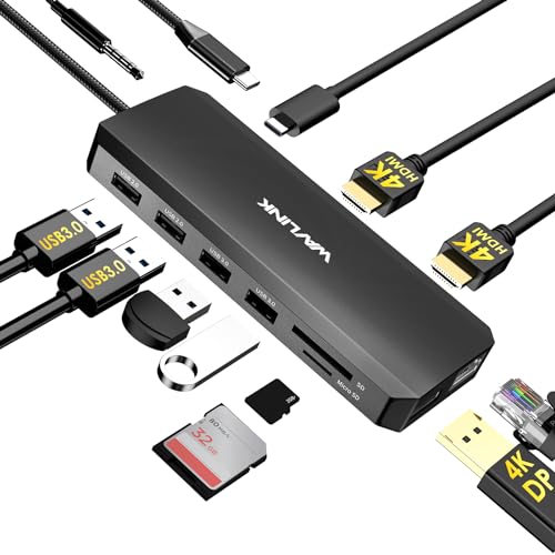 WAVLINK Laptop Docking Station Dual Monitor/Triple Display for Windows OS | USB C Hub with 2 HDMI, DisplayPort, 100W PD in, Gigabit Ethernet, USB 3.0/ 2.0 Ports, SD/TF Card Reader, Audio