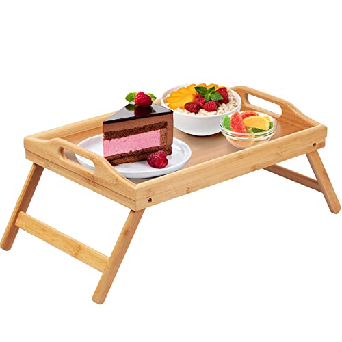 Bed Tray Table Folding Legs with Handles Breakfast Tray for Sofa Eating,Drawing,Platters Bamboo Serving Lap Desk Snack Tray - color: Beige