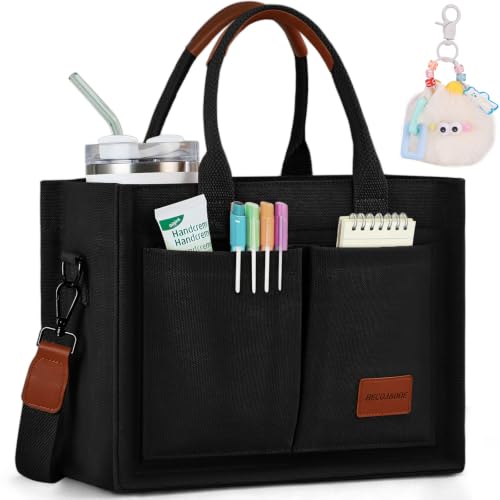 BECOJADDE Structured Canvas Tote Bag for Women, Multi-Compartment Zippered Purse for Work Bible Travel - color: Black, size: Large