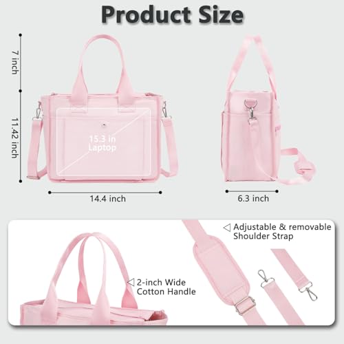 Fammart Large Canvas Tote Bag for Women with Zipper & Compartments, Crossbody Laptop Bags for Work College Travel - color: Pink
