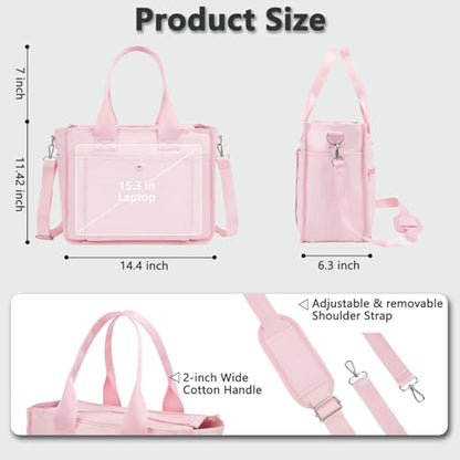 Fammart Large Canvas Tote Bag for Women with Zipper & Compartments, Crossbody Laptop Bags for Work College Travel - color: Pink