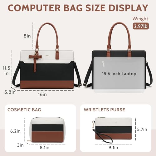 Keyli 3pcs Laptop Bag for Women 15.6 Inch Leather Work Tote Bags Professional Business Office Computer Shoulder Briefcase - color: 3pcs-black-white-brown