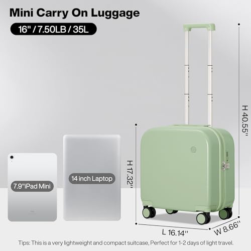 mixi Carry on Luggage, Suitcase with Spinner Wheels 16in Luggage Hardshell Lightweight Rolling Suitcases PC with Cover & TSA Lock, Avocado Green - color: Avacado Green, size: 16in Carry on