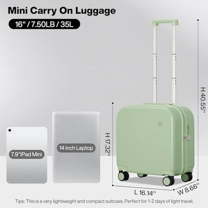 mixi Carry on Luggage, Suitcase with Spinner Wheels 16in Luggage Hardshell Lightweight Rolling Suitcases PC with Cover & TSA Lock, Avocado Green - color: Avacado Green, size: 16in Carry on